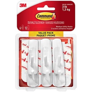 Command Utility Hooks Value Pack, Adhesive Hooks, Medium, 6 Wall Hooks 12 Medium