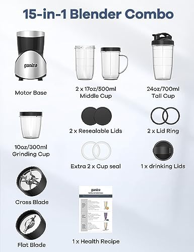 Smoothie Blender, Ganiza Blenders for Smoothies with 15-Piece Blender and - Image 6