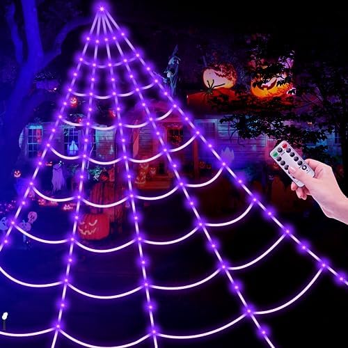 Brighter Spider Webs Halloween Decorations Lights,2023 Upgrade 250 Purple LED