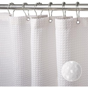Waffle Weave Shower Curtain with Stainless Steel Hooks - 256 GSM Heavy Duty