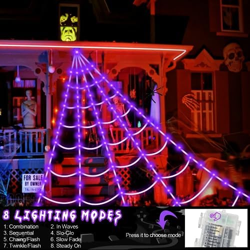 Brighter Spider Webs Halloween Decorations Lights,2023 Upgrade 250 Purple LED - Image 2