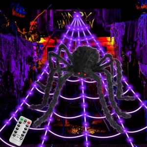 Brighter Spider Webs Halloween Decorations Lights,250 Purple LED Light Up