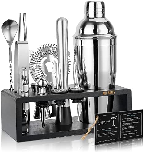 Mixology Bartender Kit with Stand | 15 Piece Bar Tool Set, Silver Bar Set